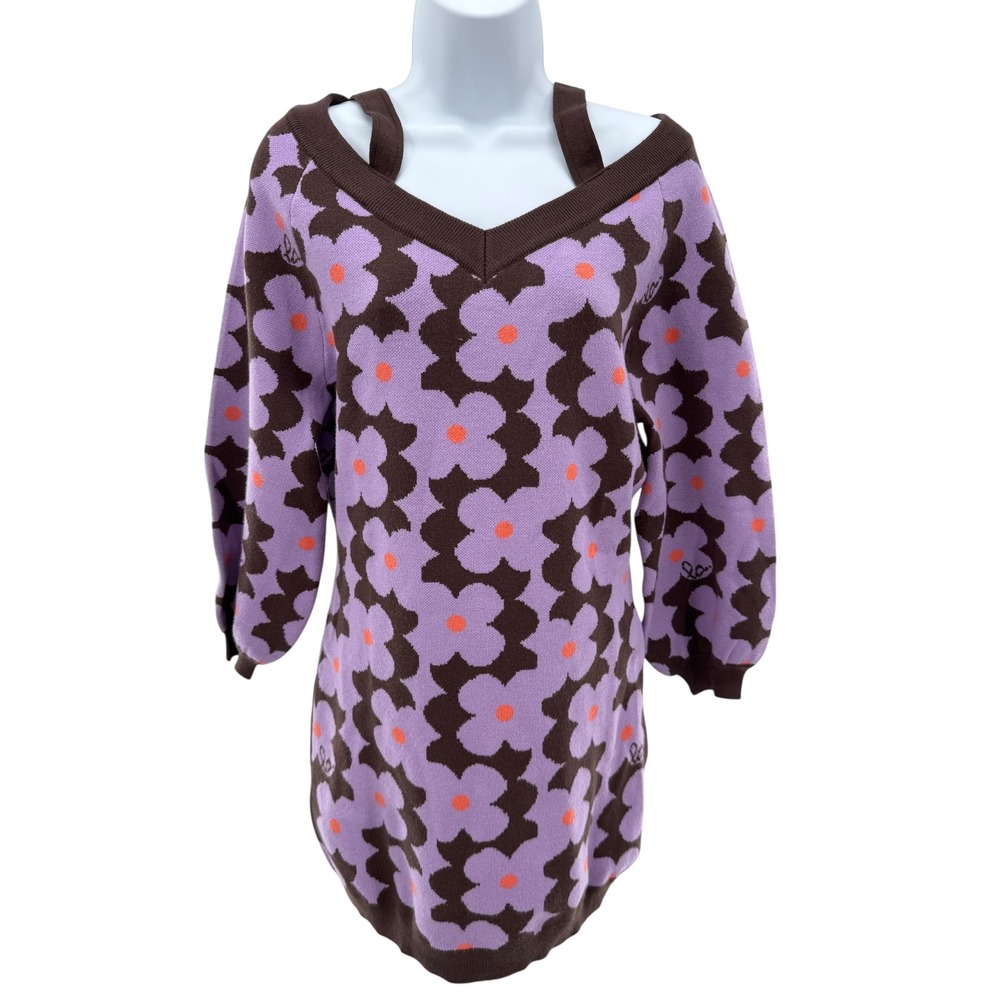 Lyn‎ Around Floral Knit Sweater Dress S Purple Brown Off Shoulder Retro Y2K